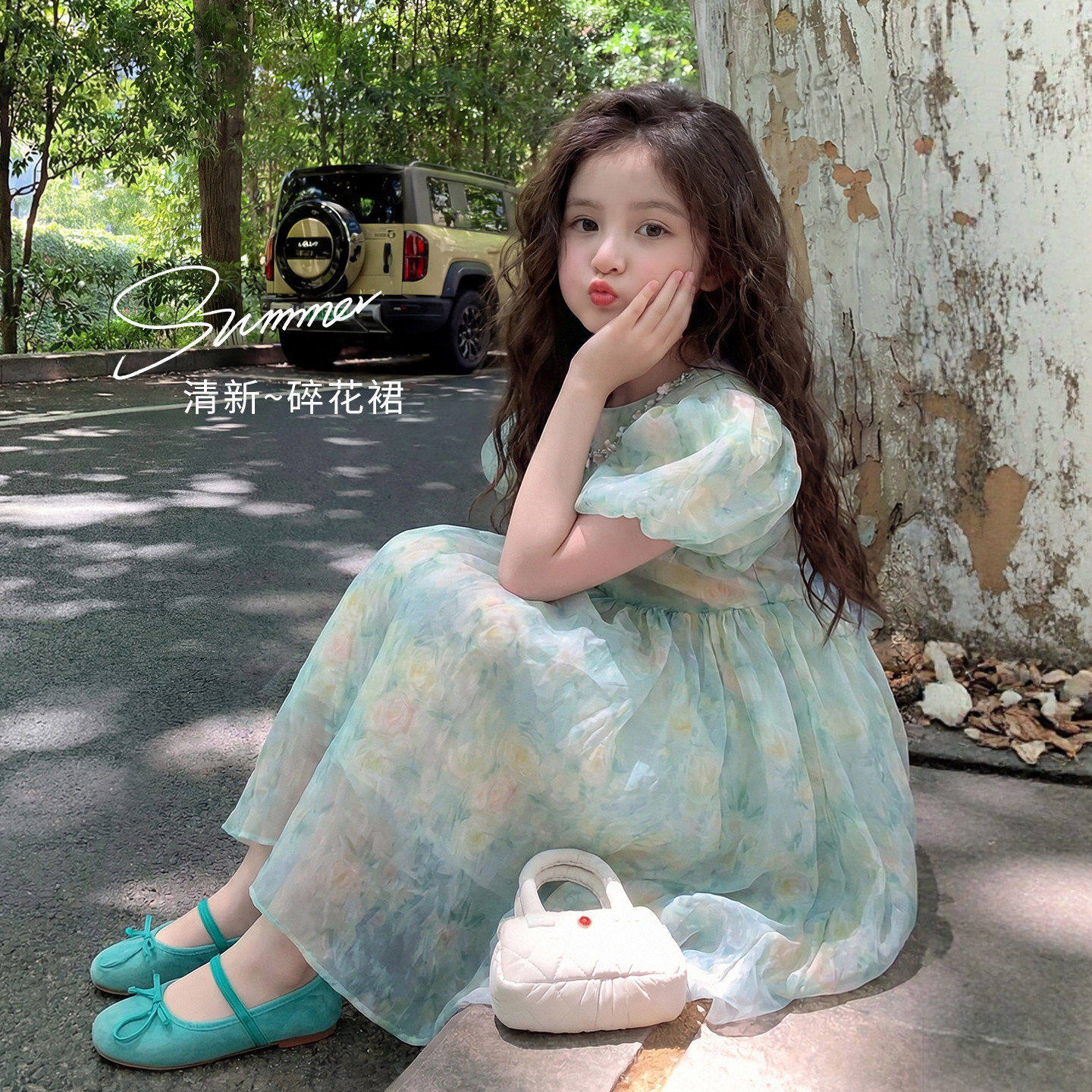 女童独特漂亮连衣裙7岁8小女孩夏季公主裙泡泡袖儿童夏装雪纺裙子