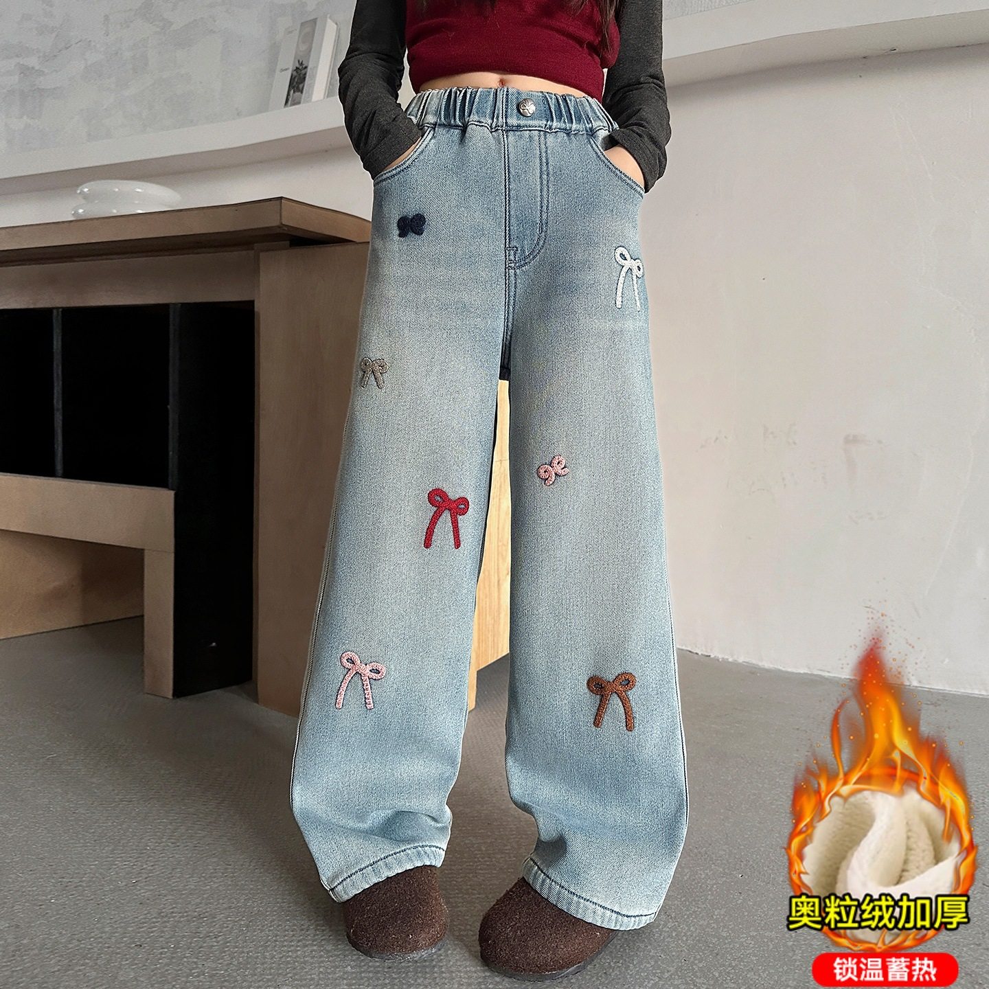 女童一体加绒牛仔裤秋冬季2025新款蝴蝶结刺绣直筒裤女孩加厚裤子