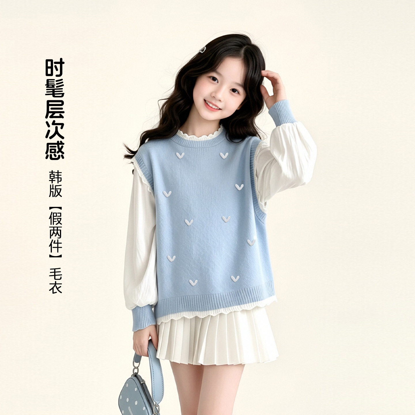 图图小象童装女童毛衣2026新款儿童假两件针织衫韩版上衣春秋款
