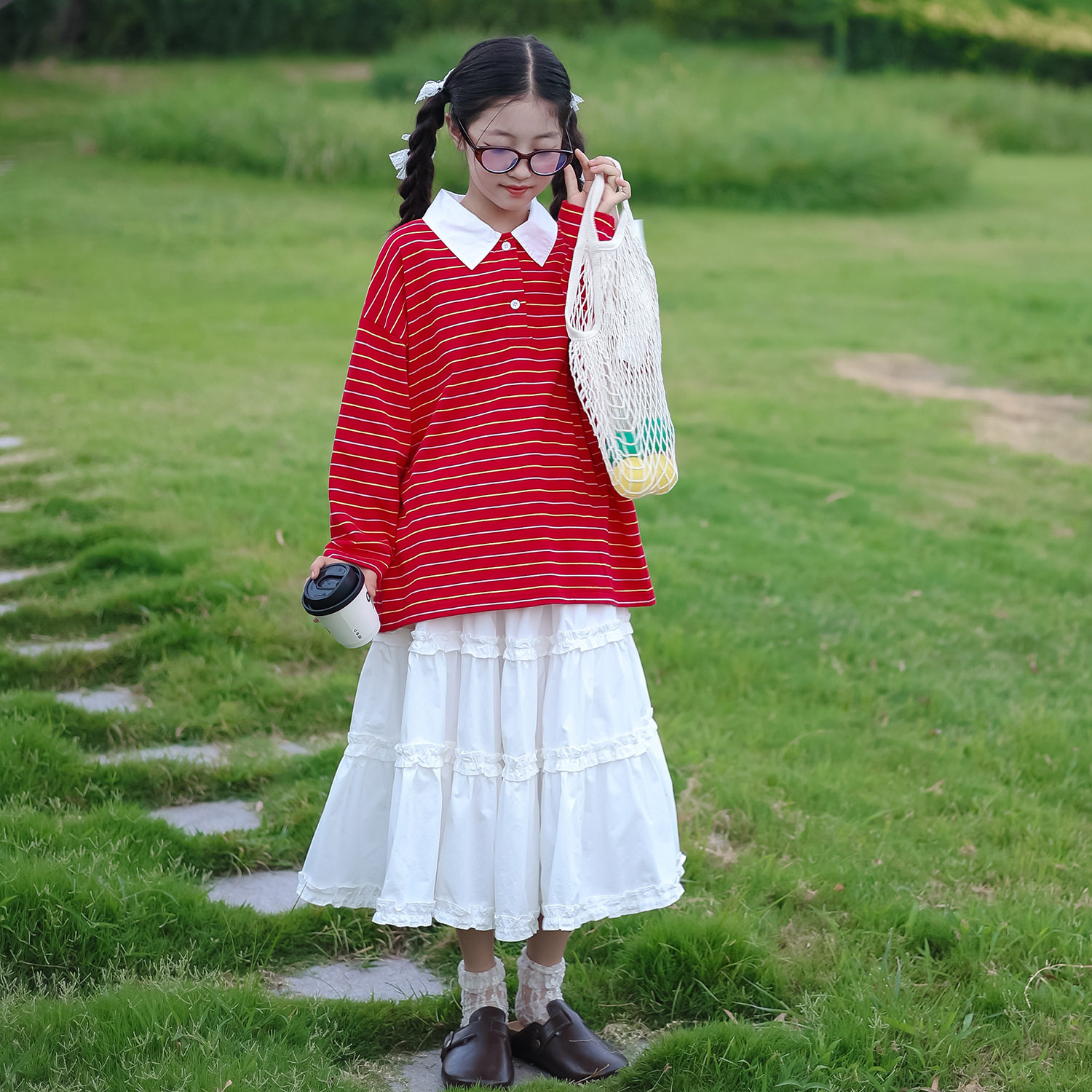 T1254女童t恤韩版长袖2026新款春装中大童韩版条纹翻领上衣打底衫