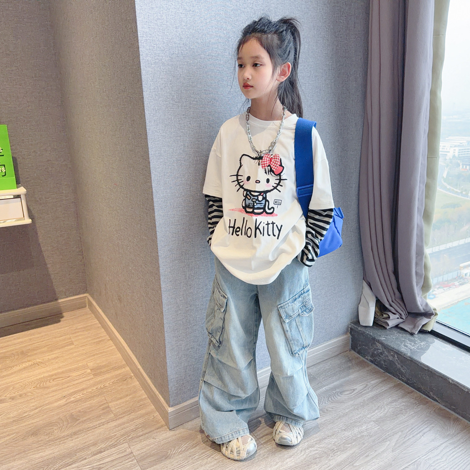 女童假两件上衣2026春装新款儿童洋气上衣大童宽松阔腿牛仔裤两件