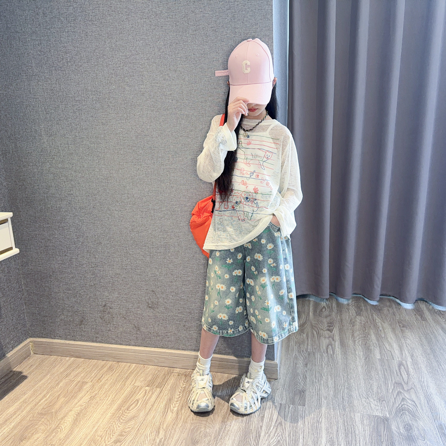 女童印花长袖T恤2026新款儿童装夏季宽松休闲防晒罩衫牛仔中裤套