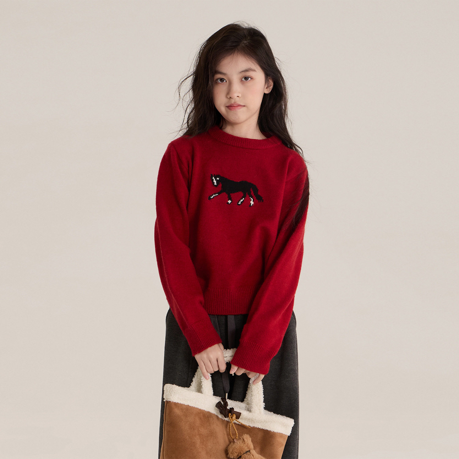 女童小马提花毛衣2025冬装新款儿童圆领宽松针织衫保暖洋气上衣潮