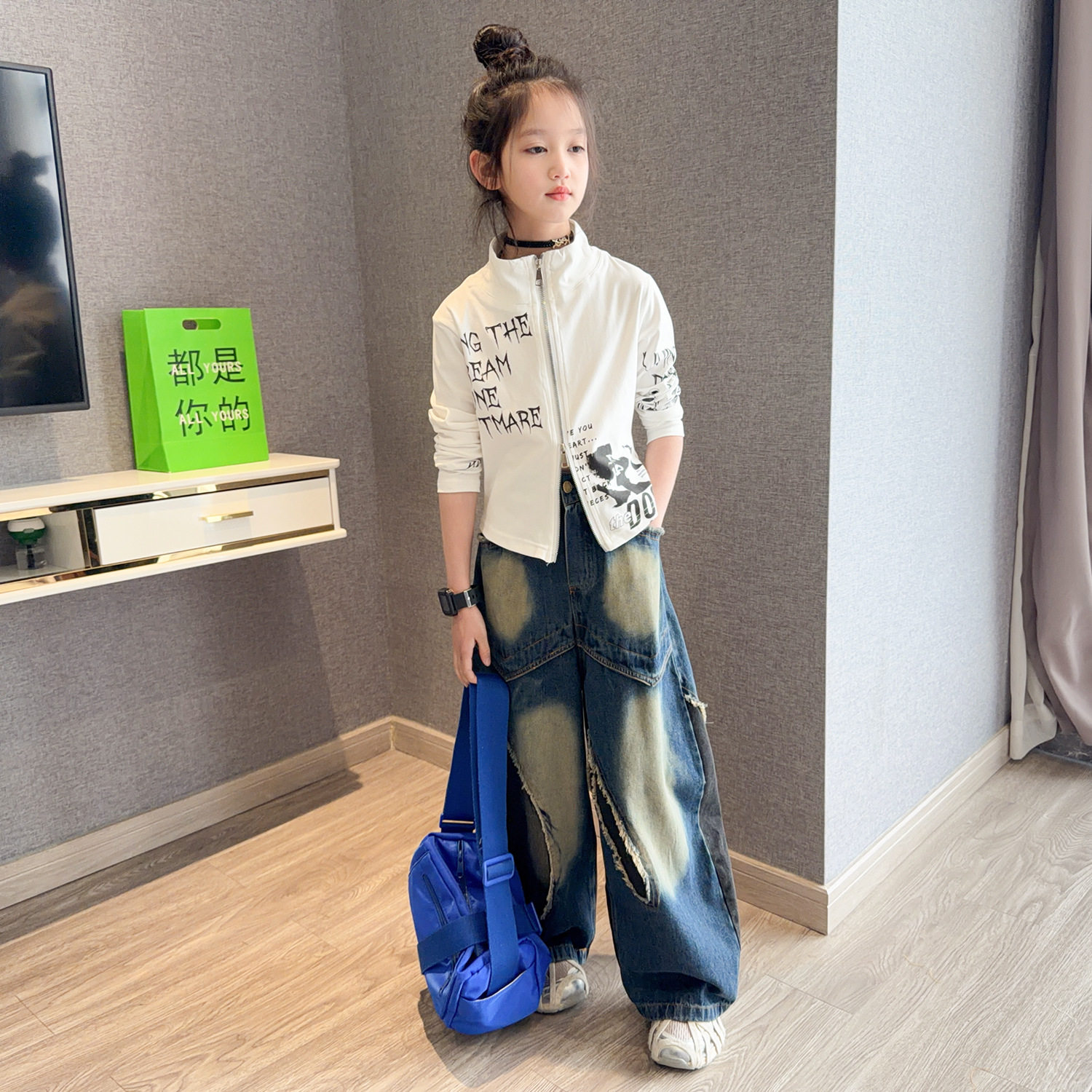 女童春装套装2026新款洋气女孩长袖上衣大童宽松牛仔阔腿裤两件套