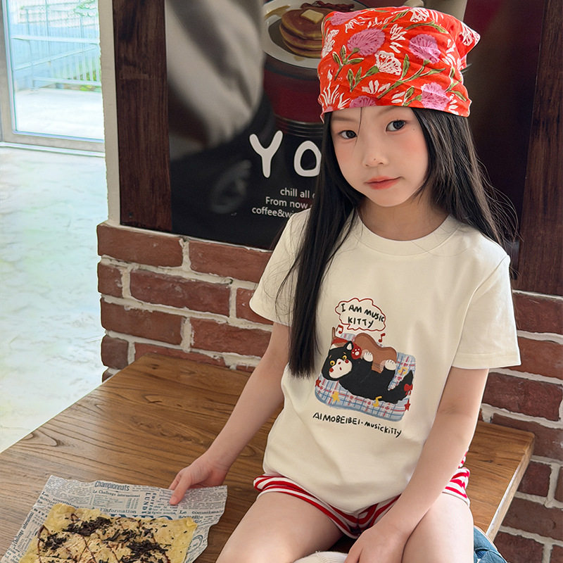 艾摩贝贝童装儿童修身辣妹短款T恤女童正肩可爱半袖全棉卡通短袖