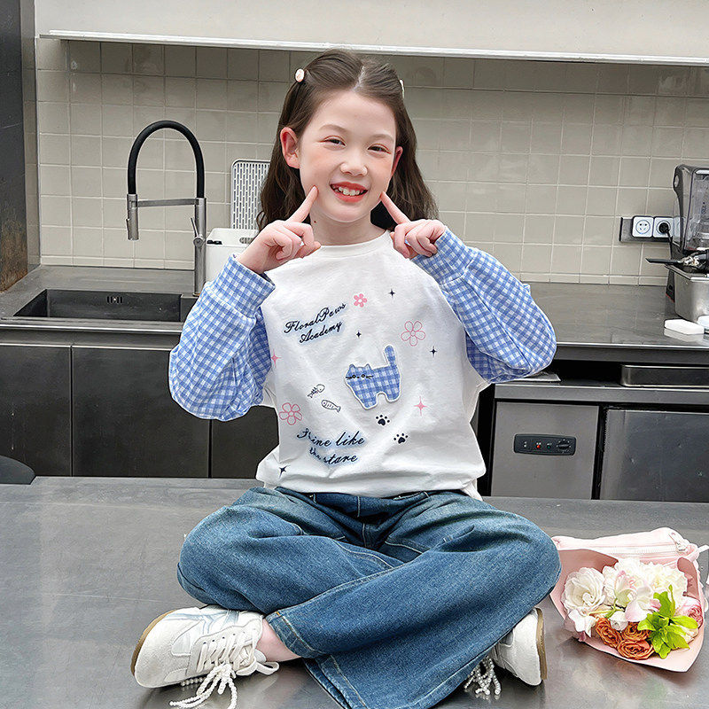 儿童拼接长袖t恤女童洋气宽松卫衣大童网红上衣2026春秋装新款