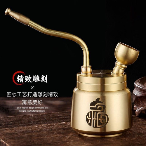 黄铜百福圆筒水烟壶健康过滤水斗壶可拆卸粗支烟丝烟叶通用水烟斗