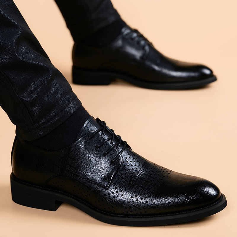 夏季镂空透气尖头皮鞋男英伦青年潮流商务正装真皮休闲内增高婚鞋