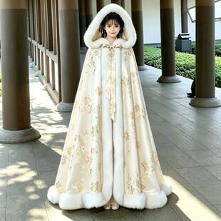 汉服斗篷女冬季长款连帽大毛领竹叶印花披风古风外搭保暖披肩外套