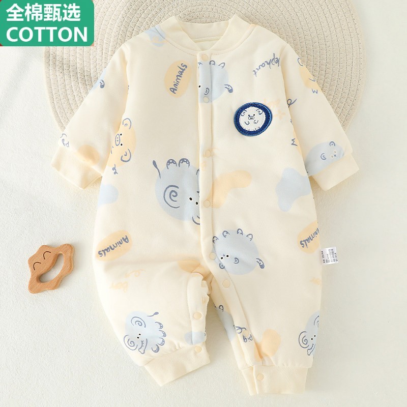 全棉婴儿棉服秋冬夹棉加厚保暖宝宝连身衣a类纯棉新生儿衣服睡衣