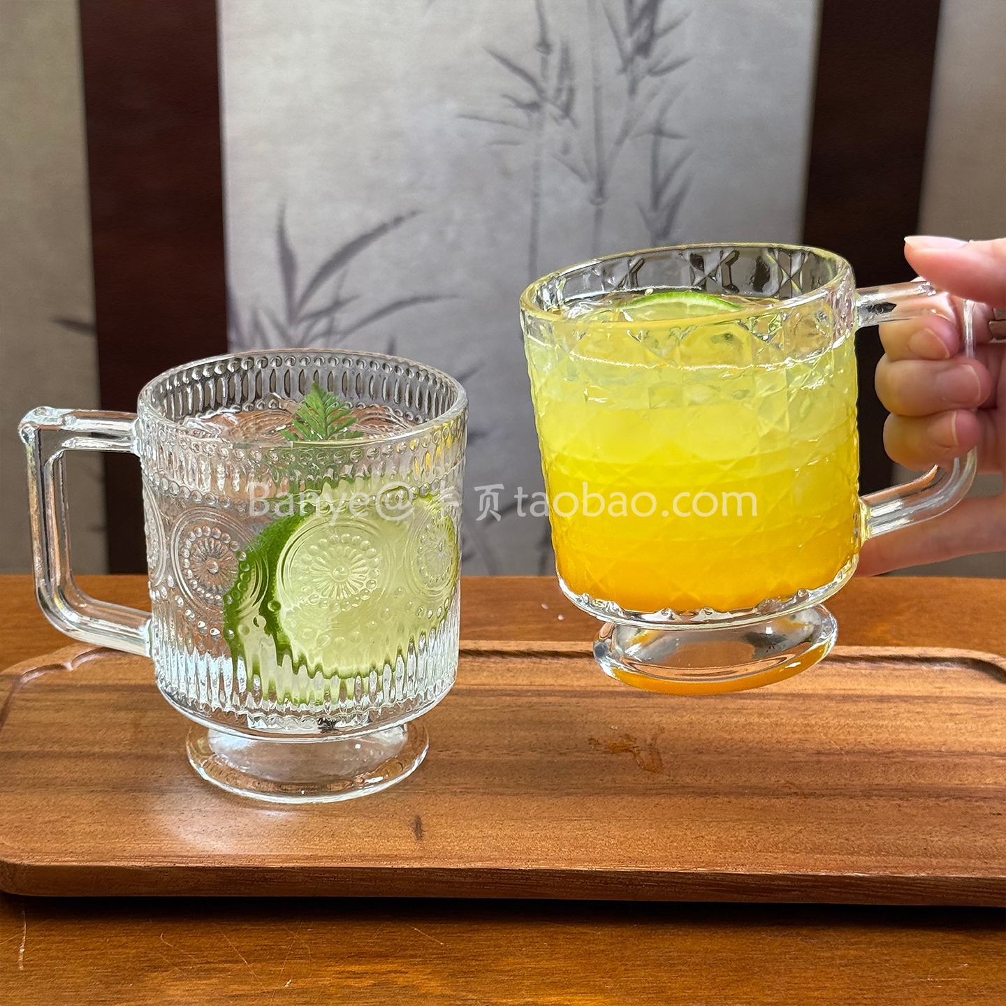 韩风ins冰美式玻璃杯带把简约竖条纹冰拿铁咖啡杯冷饮马克杯水杯