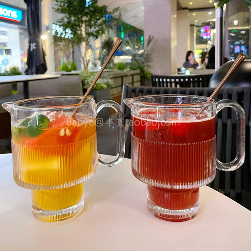 大容量水果茶玻璃杯子 ins风网红带把可叠透明喝水泡果汁冷饮料杯