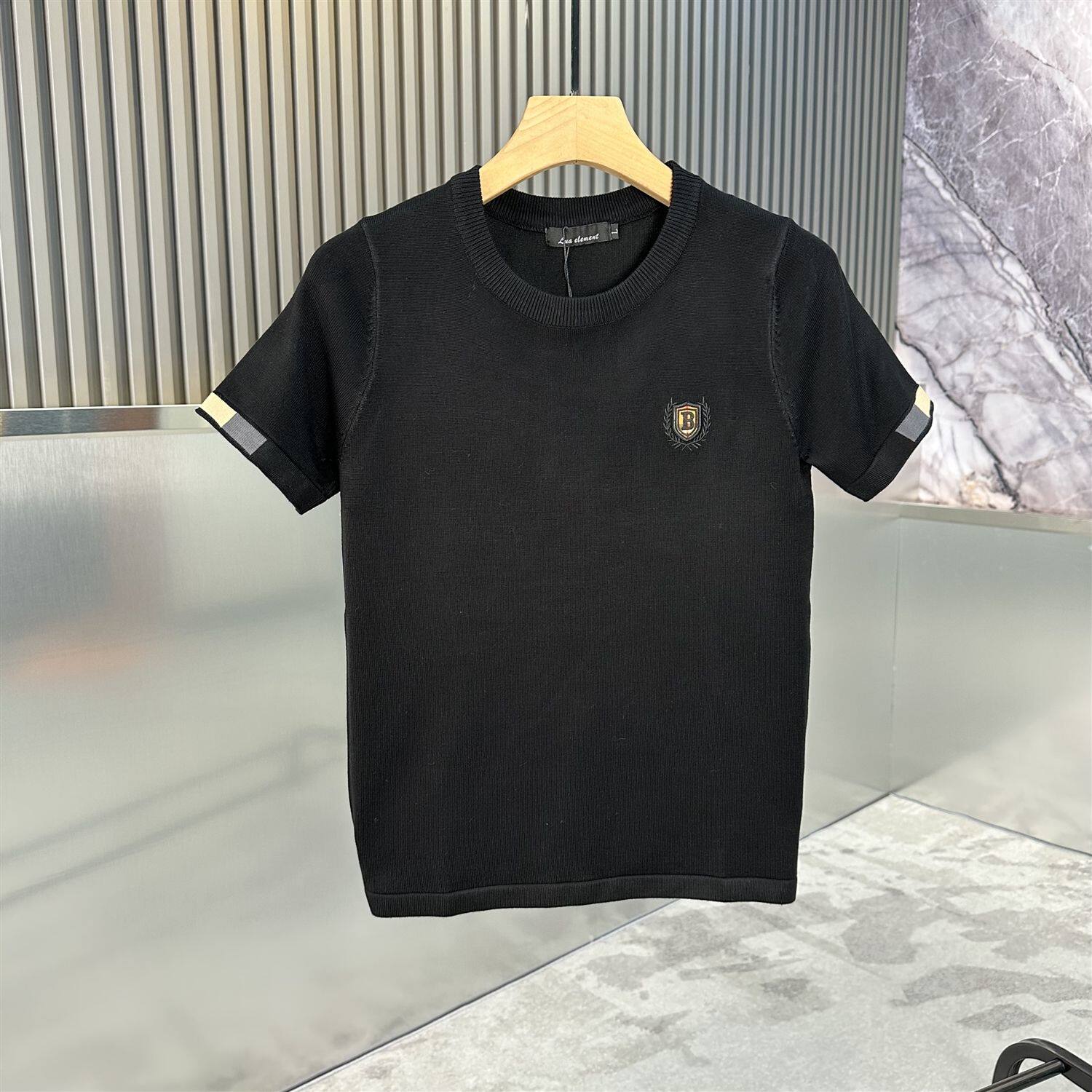 高品质欧货黑色短袖毛衣男款潮牌内搭针织打底衫男士秋冬季半截袖