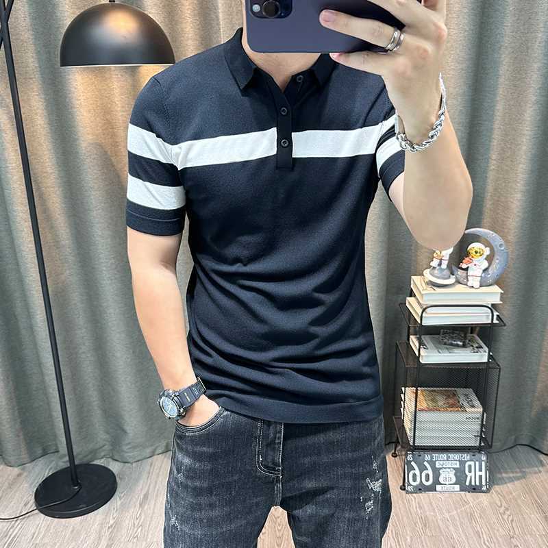 冰丝短袖针织衫男士2023夏季新款有领男装衣服潮男半袖翻领薄上衣