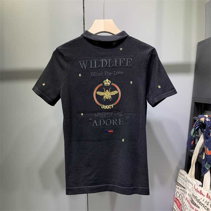 男士绣花翻领针织POLO衫秋装上衣加厚半截袖韩版紧身短袖毛衣半袖