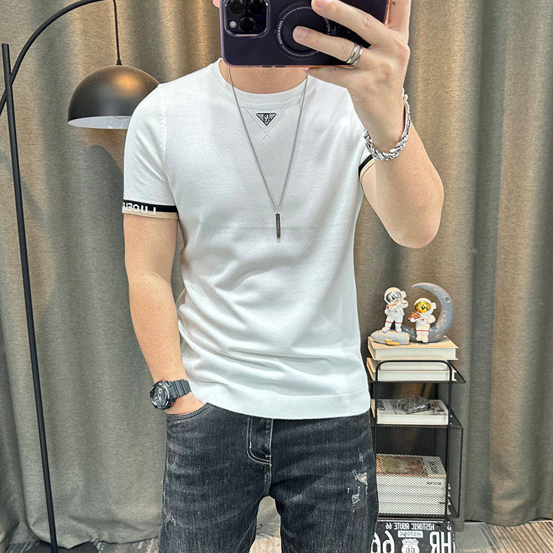 半袖针织衫男士春秋新款高端半袖修身紧身短袖毛衣圆领内搭毛上衣