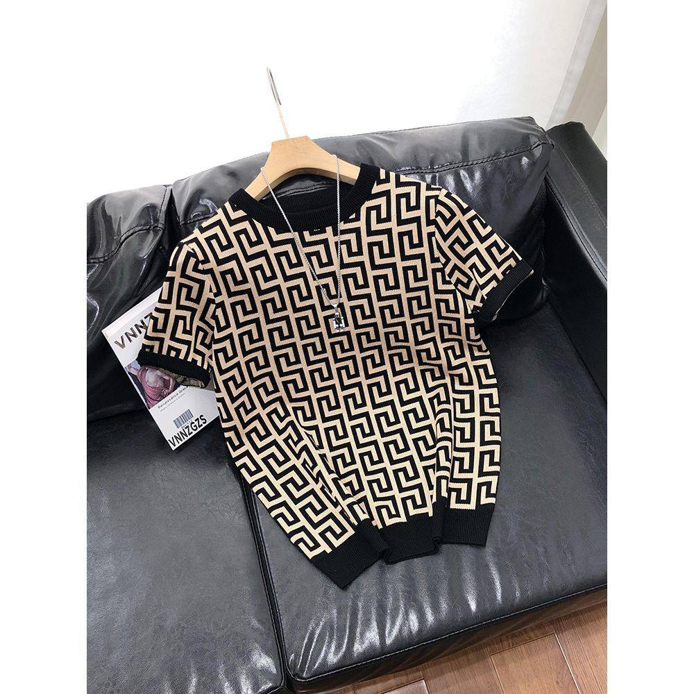 秋冬新款加厚短袖毛衣男士针织衫半袖几何提花圆领潮流打底衫修身