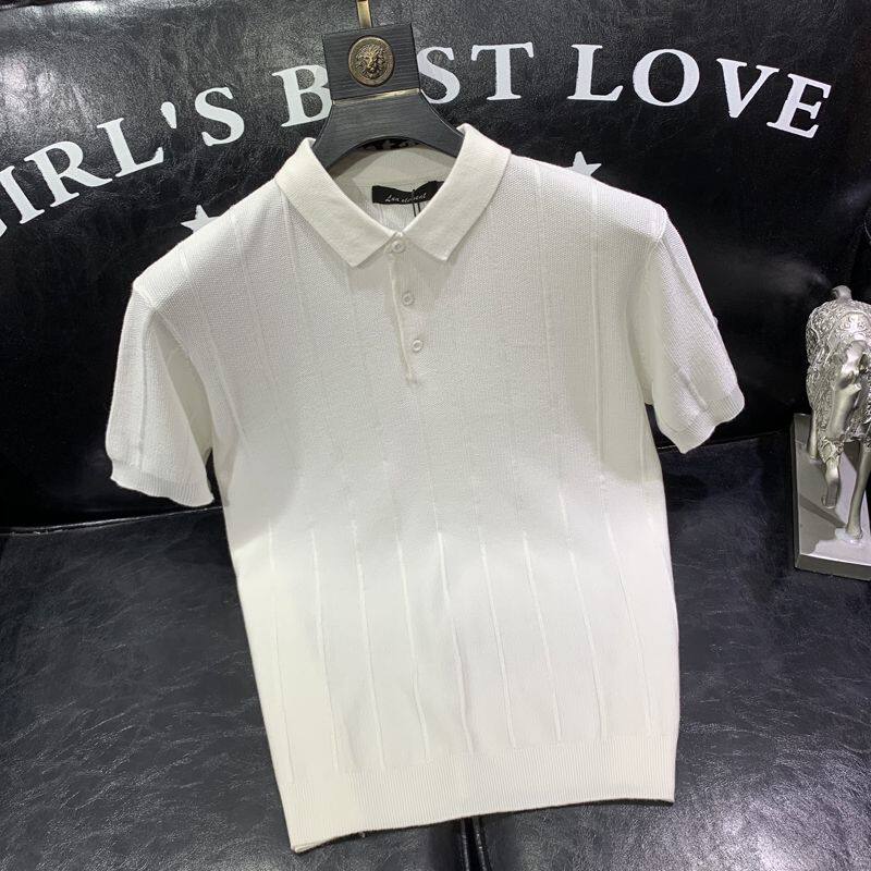 冰丝翻领青年打底衫夏季新款男士针织短袖POLO衫纯色竖条纹半截袖
