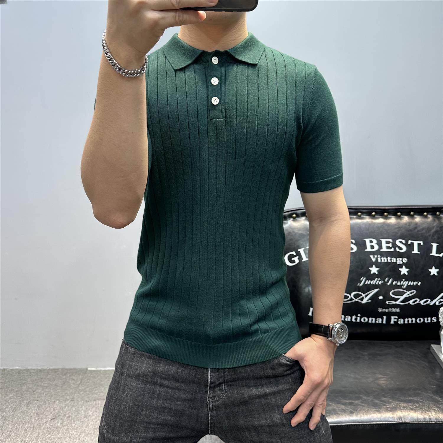 高品质翻领短袖毛衣男款春夏季薄款半袖针织衫男士轻熟风单穿上衣