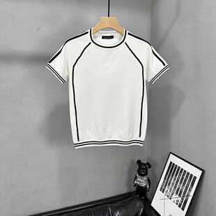 2023轻奢高级感条纹线条设计短袖t恤男士潮流针织冰丝夏装半袖
