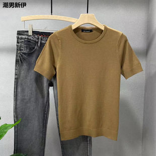 2023秋冬短袖针织打底衫男圆领纯色韩版修身男士半袖加厚圆领毛衣