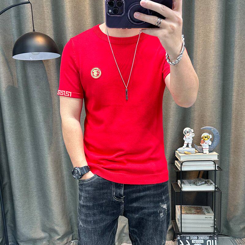 本命年男装秋冬红色短袖毛衣龙年衣服半截袖针织衫毛衫半袖上衣潮
