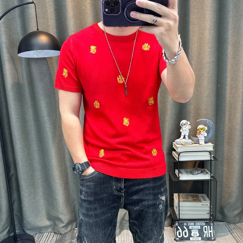 本命年龙年衣服红色短袖毛衣男装秋冬弹力紧身半截袖针织衫毛衫男