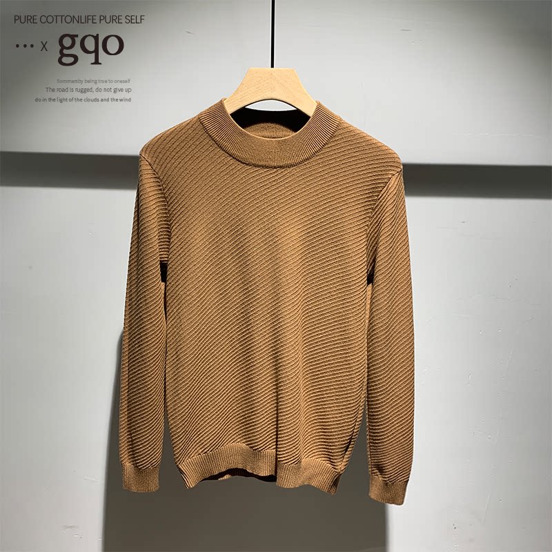GQO个性条纹半高领毛衣打底衫秋冬新款男韩版修身长袖中领针织衫