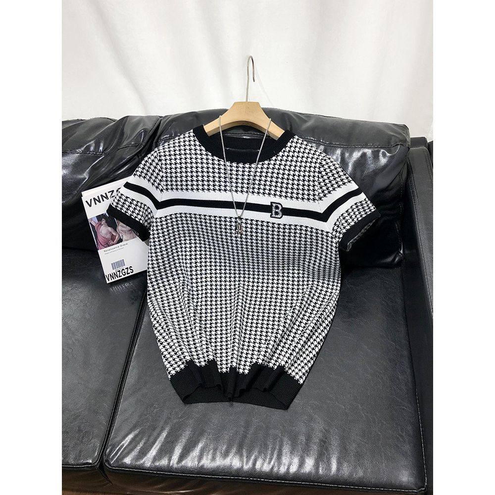 秋冬新款加厚短袖毛衣针织衫男半袖t恤千鸟格圆领修身潮流打底衫