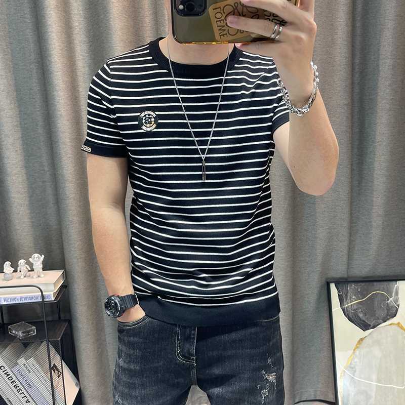 条纹短袖毛衣男圆领男士修身弹力紧身韩版衣服半袖针织衫上衣毛衫