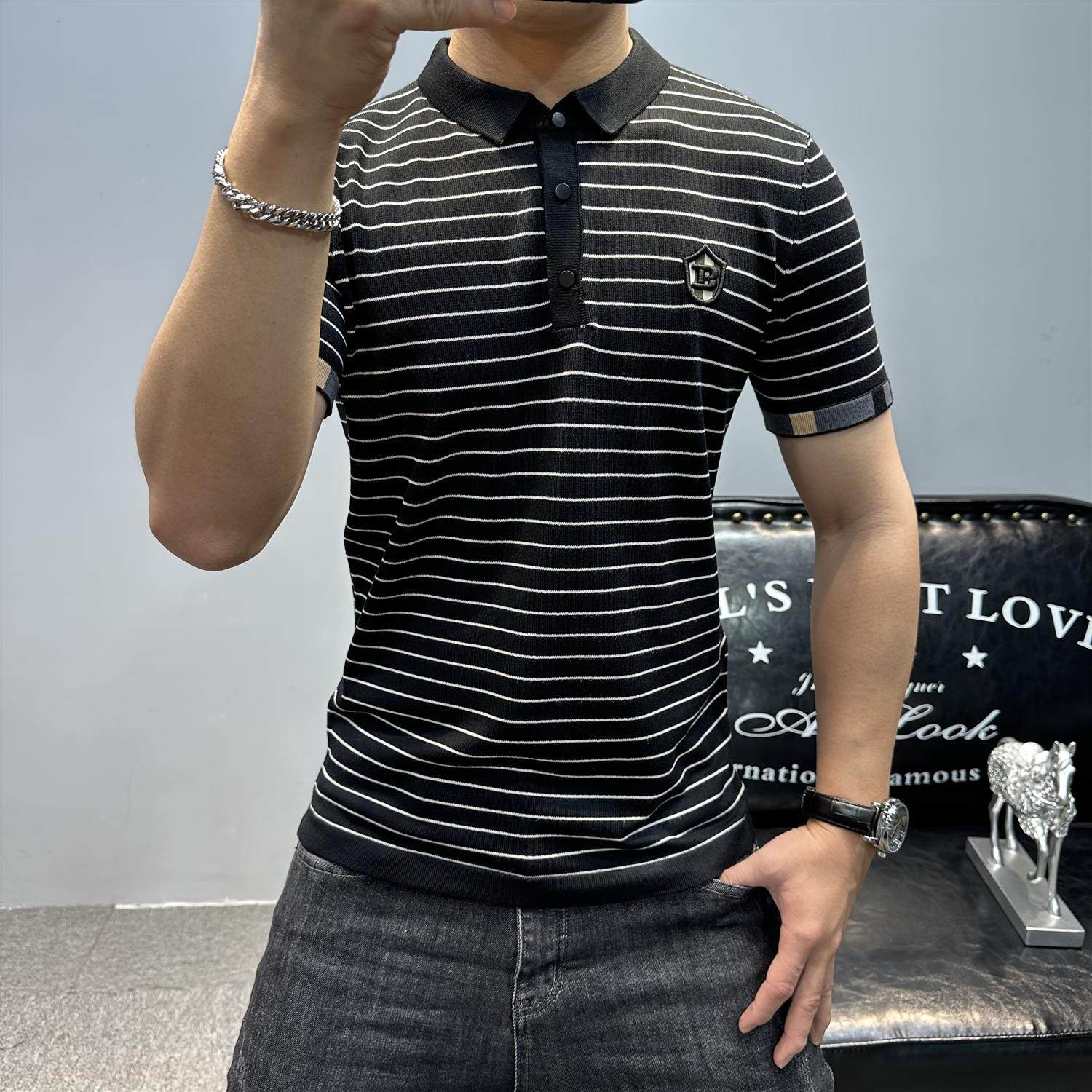 夏季男士条纹POLO衫潮流休闲男款男装2024新款圆领针织短袖T恤男