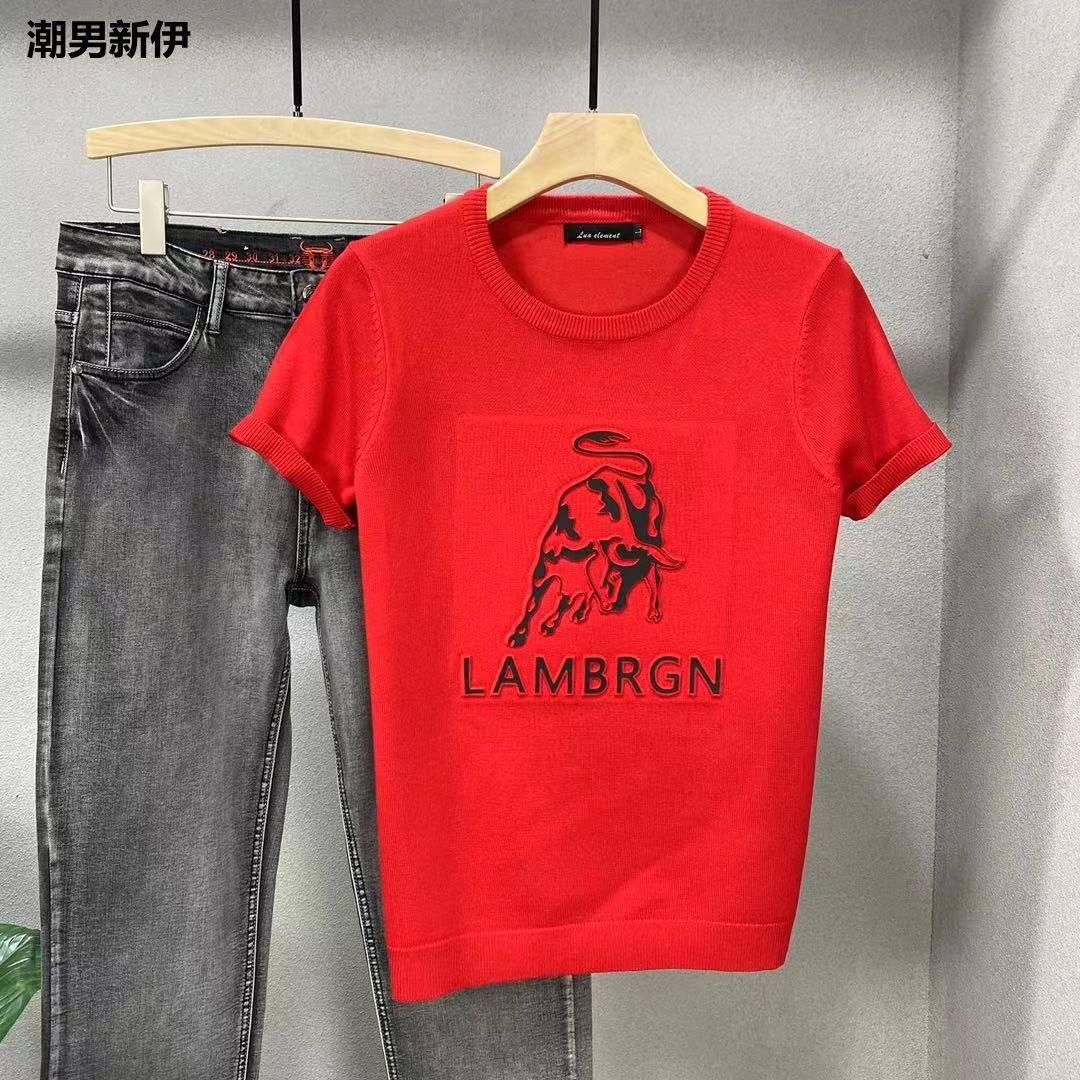 秋冬男士短袖毛衣圆领新年红色针织衫潮流半袖修身打底衫半截袖