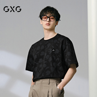 新品 GXG男装 24年夏季 235g重磅满印花卉纯棉宽松休闲短袖 T恤男士