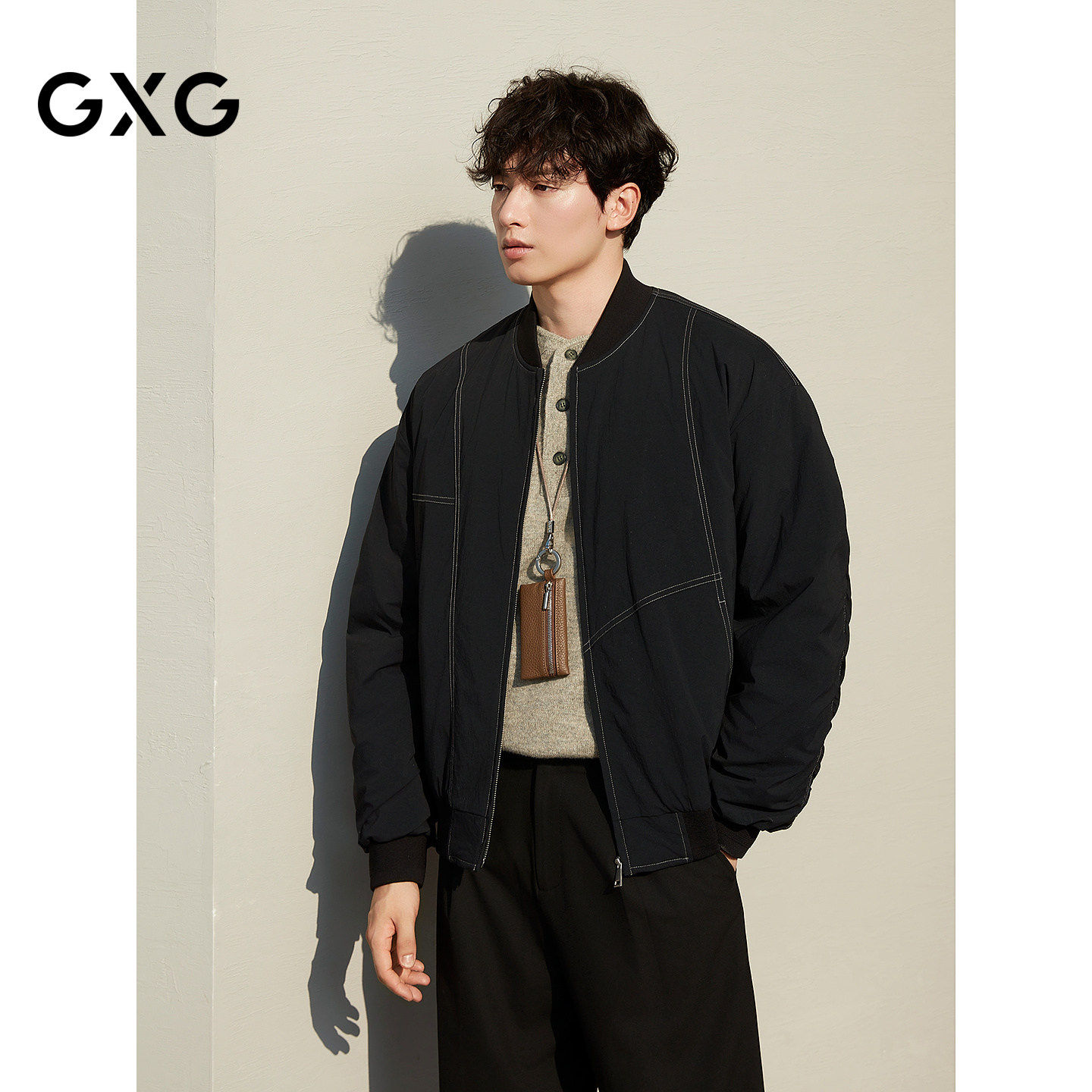 GXG男装 经典黑色不规则明线棒球领夹克棉服外套 25年冬季新品