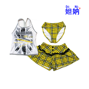 外贸妲妠少女儿童游泳衣学生分体裤裙式温泉泳装保守三件套装游泳