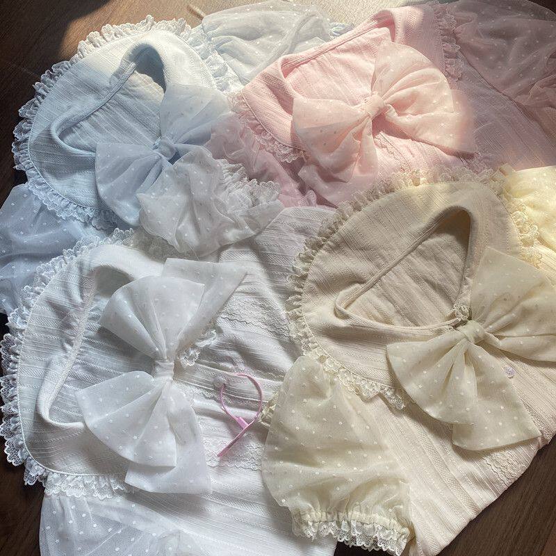 小奶芙夏季娃娃领百搭棉内搭Lolita波点泡泡短袖蝴蝶结内搭现货