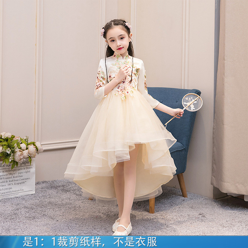儿童纸样前短后长端庄小伴娘中式公主裙女孩生日主持礼服钢琴演出