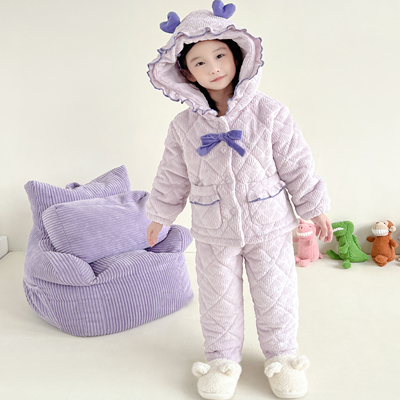 冬季宝宝女孩三层夹棉法兰绒儿童睡衣女童加厚套装家居服公主保暖