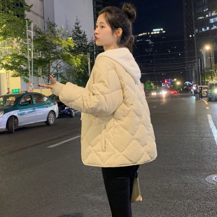 新款 羽绒服女内胆圆领小个子加厚无领外套 白鸭绒菱格宽松短款