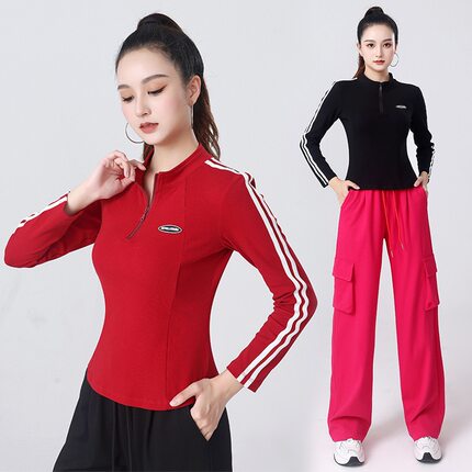 春秋季新广场舞运动跑步锻炼服装半拉链长袖成人女工装裤网红套装