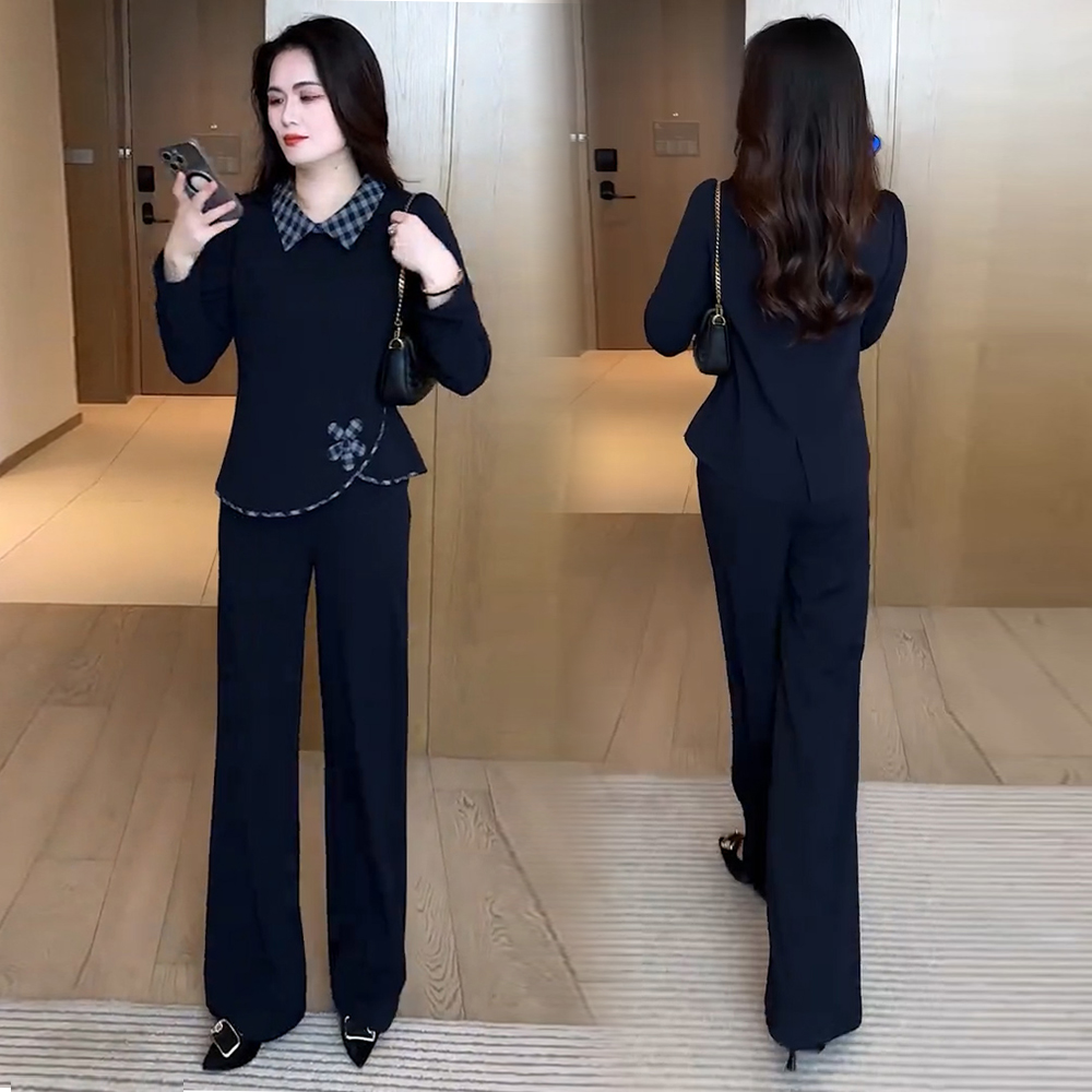 时尚套装女2025秋季新款洋气格子拼接不规则长袖上衣阔腿裤两件套