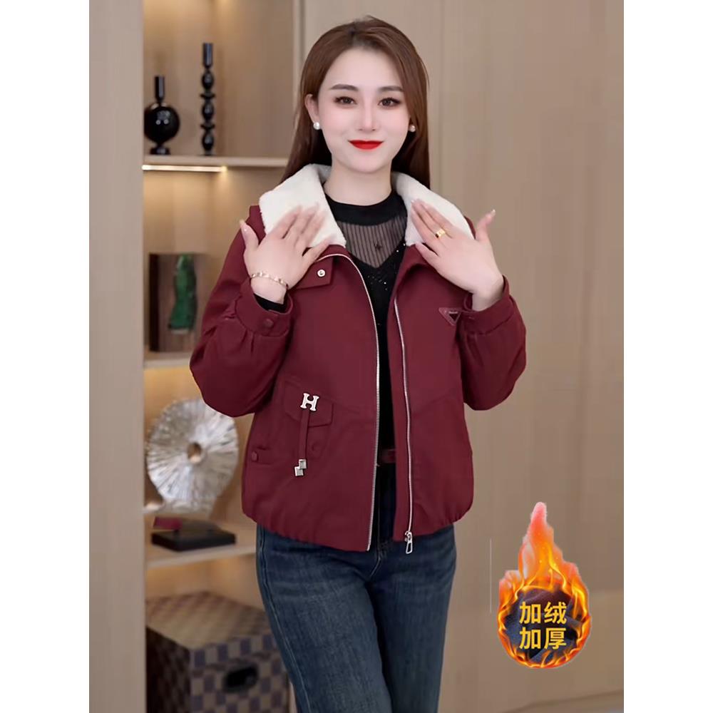 加绒保暖棉衣外套女2025冬季新款时尚羊羔毛拼接短款派克服小棉袄