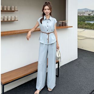 衬衫 设计感时尚 阔腿裤 女2026夏新款 气质两件套 套装 韩系松弛感短袖