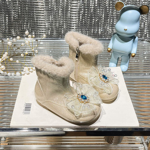 女童靴子2026秋冬冰雪奇缘蓝色公主靴女孩加绒儿童宝宝宝皮靴米白