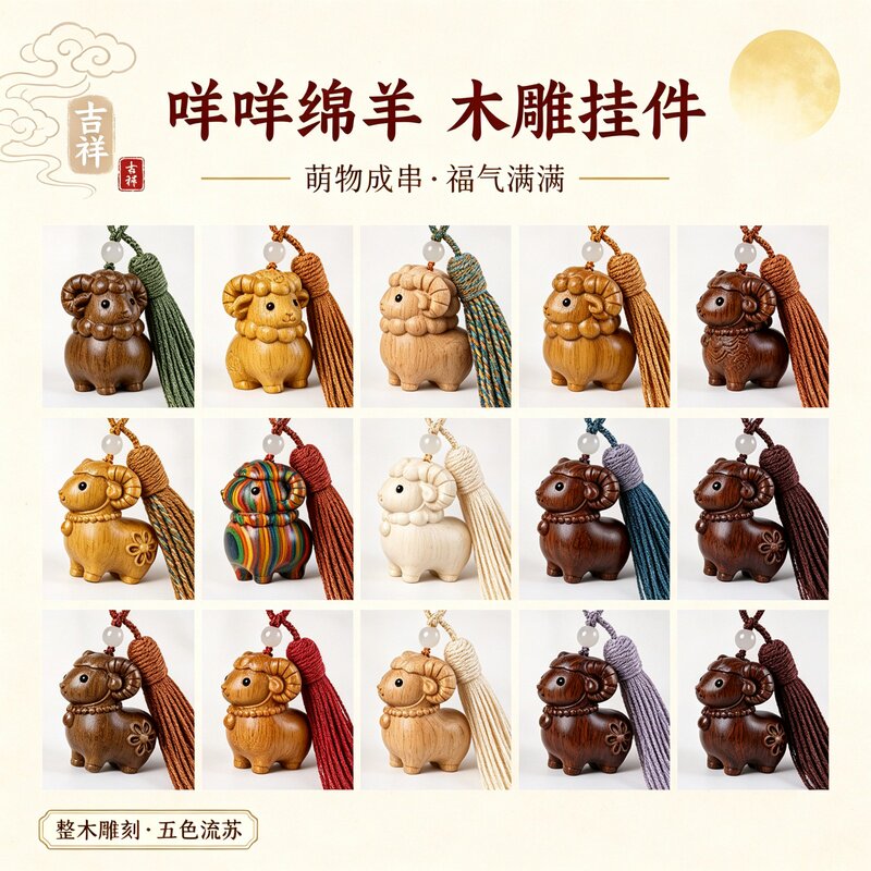 檀禄木质十二生肖羊流苏钥匙扣
