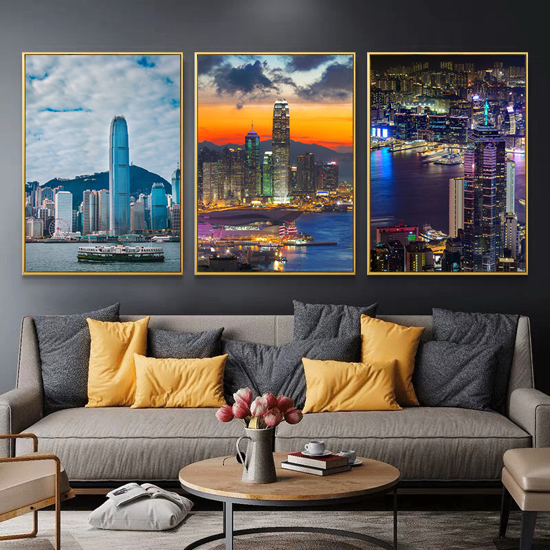 维多利亚港装饰画 香港夜景背景墙挂画 港式茶餐厅风格画作 现代