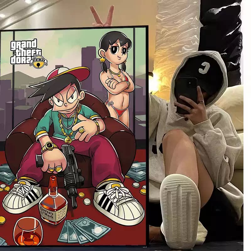 哆啦A梦装饰画罪恶都市电竞酒店房间挂画恶搞GTA5主机游戏室壁画