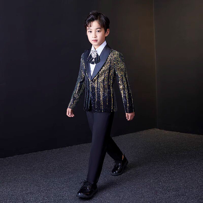 男童七彩流星亮片西服套装花童礼服钢琴演出帅气儿童走秀模特西装
