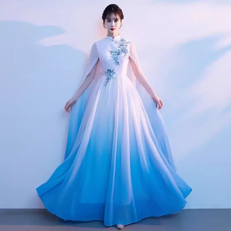 新款大合唱蓝色礼服合唱演出服装女飘逸长裙成人合唱团指挥晚礼服