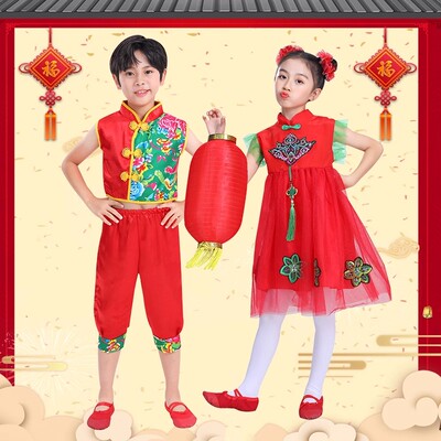 六一儿童梦娃说唱中国红喜庆演出服幼儿园灯笼舞蹈蓬蓬纱裙表演服